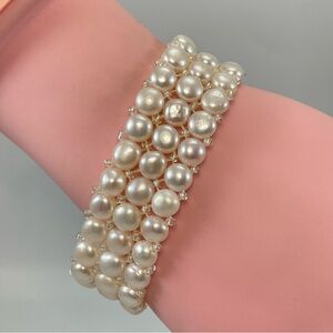 Vintage Flat Button Fresh Water Pearl & Clear Bead Woven Stretch Bracelet